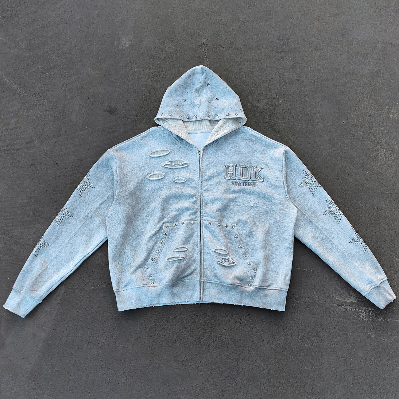 Star Rhinestone Zip Up Hoodie - Light Gray Studded Ripped Distressed Y2K Streetwear