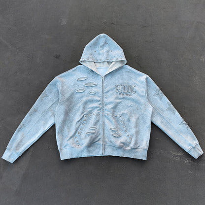 Star Rhinestone Zip Up Hoodie - Light Gray Studded Ripped Distressed Y2K Streetwear