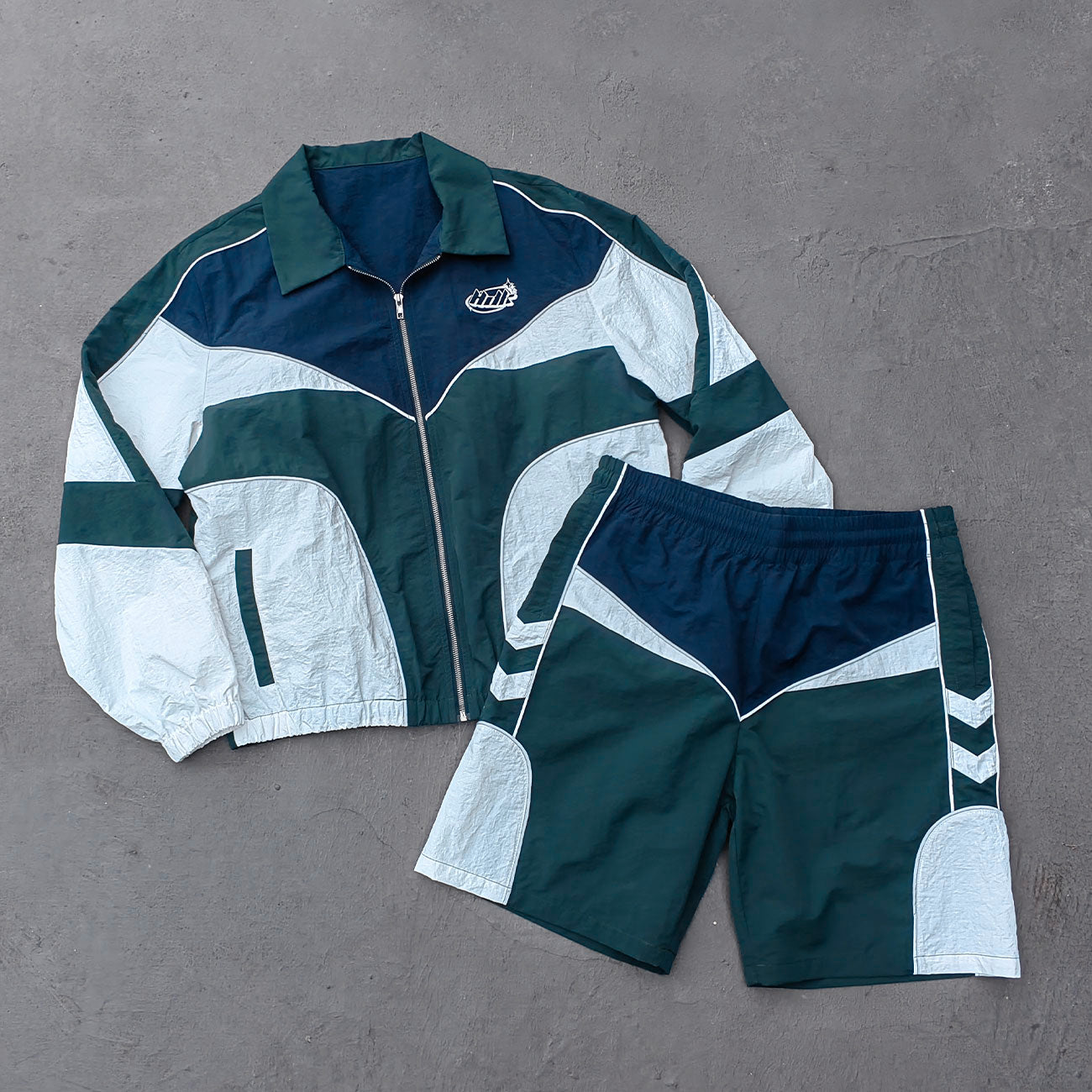 Color Block Track Suit Set - Navy Green White Collared Windbreaker Jacket Shorts Y2K Streetwear