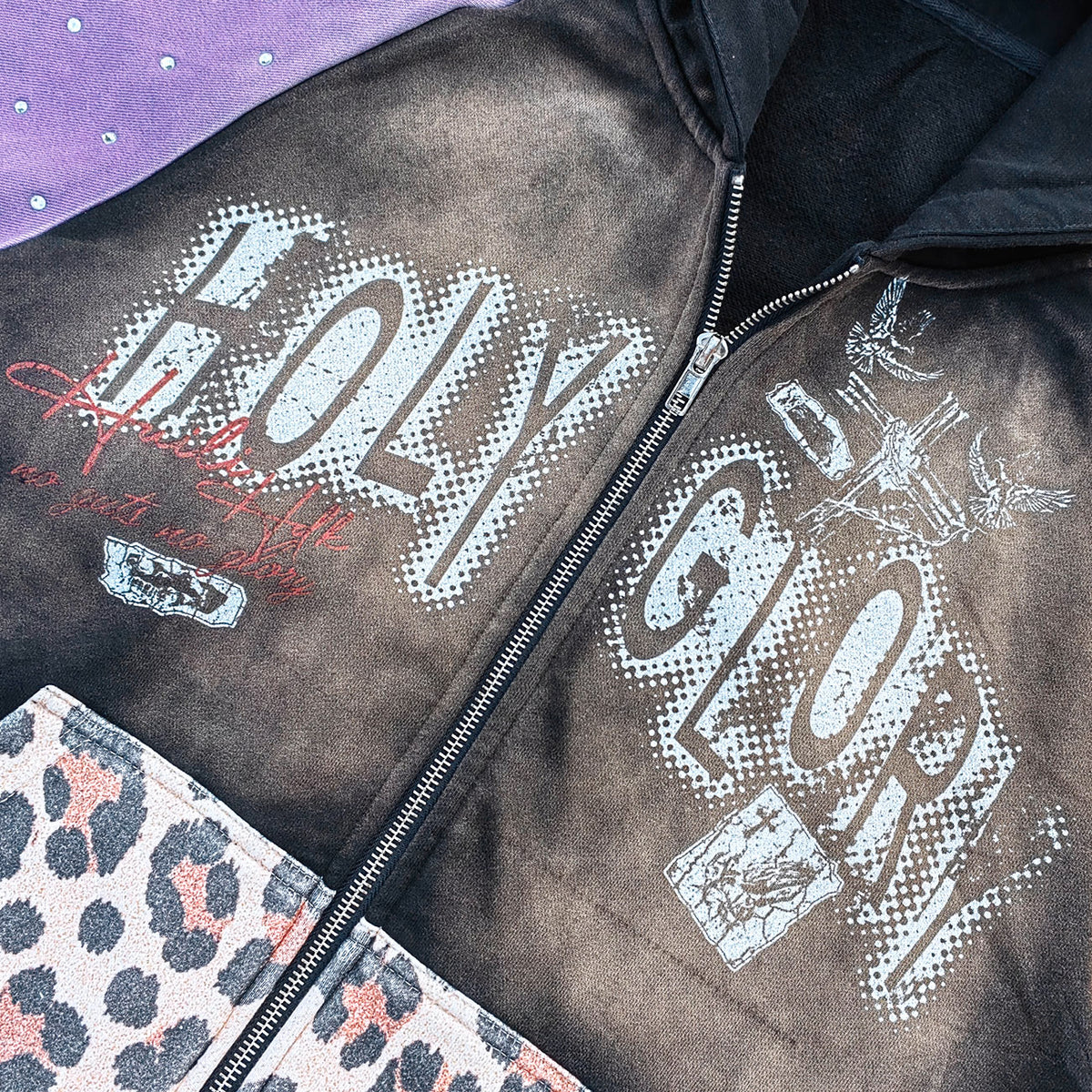 Holy Glory Rhinestone Zip Up Hoodie - Black Brown Gradient Purple Yellow Leopard Pocket Y2K Streetwear