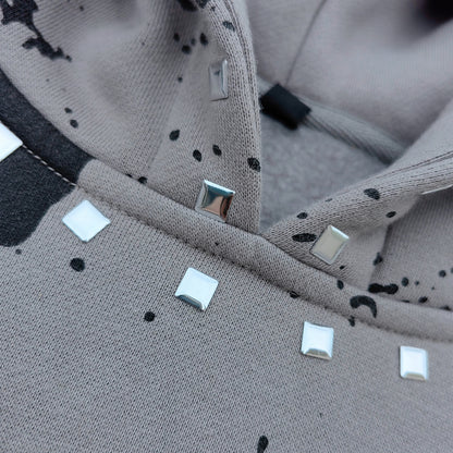 Graphic Print Hoodie - Distressed Studded Streetwear Sweatshirt