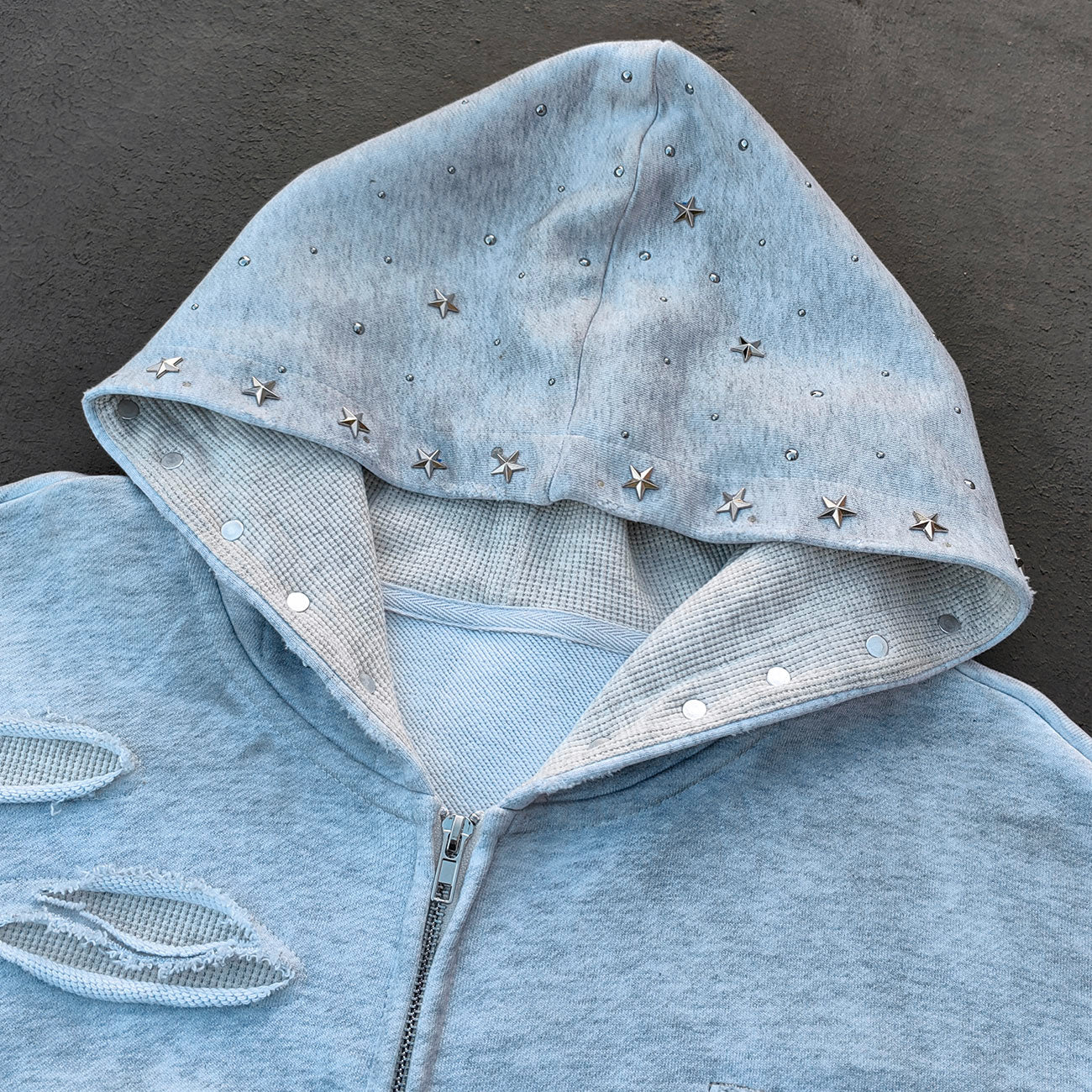 Star Rhinestone Zip Up Hoodie - Light Gray Studded Ripped Distressed Y2K Streetwear