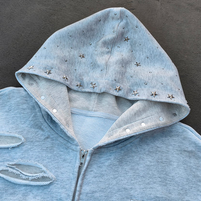 Star Rhinestone Zip Up Hoodie - Light Gray Studded Ripped Distressed Y2K Streetwear