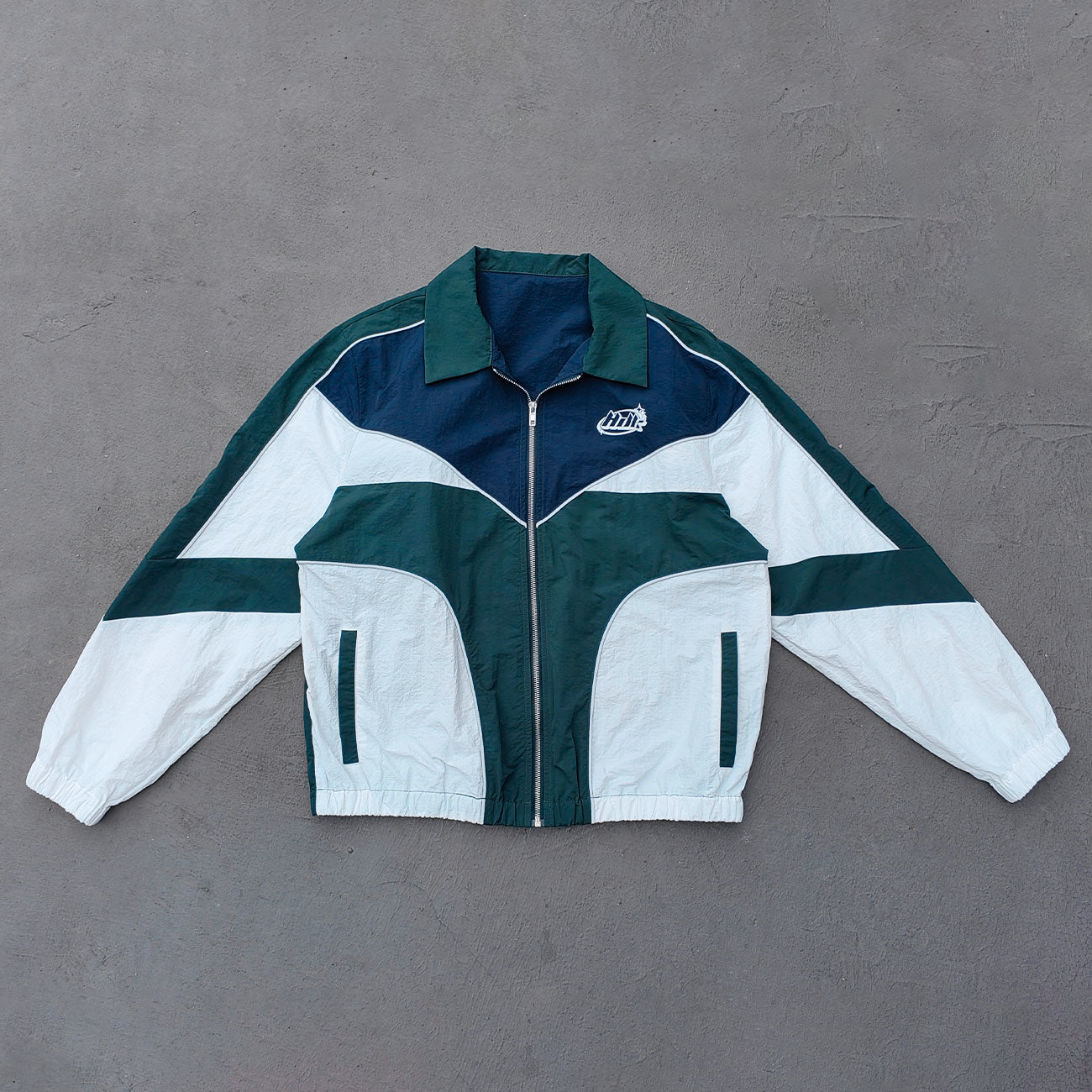 Color Block Track Suit Set - Navy Green White Collared Windbreaker Jacket Shorts Y2K Streetwear