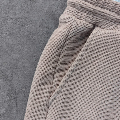 Layered Waistband Waffle Knit Pants - Khaki Ripped Distressed Y2K Baggy Streetwear