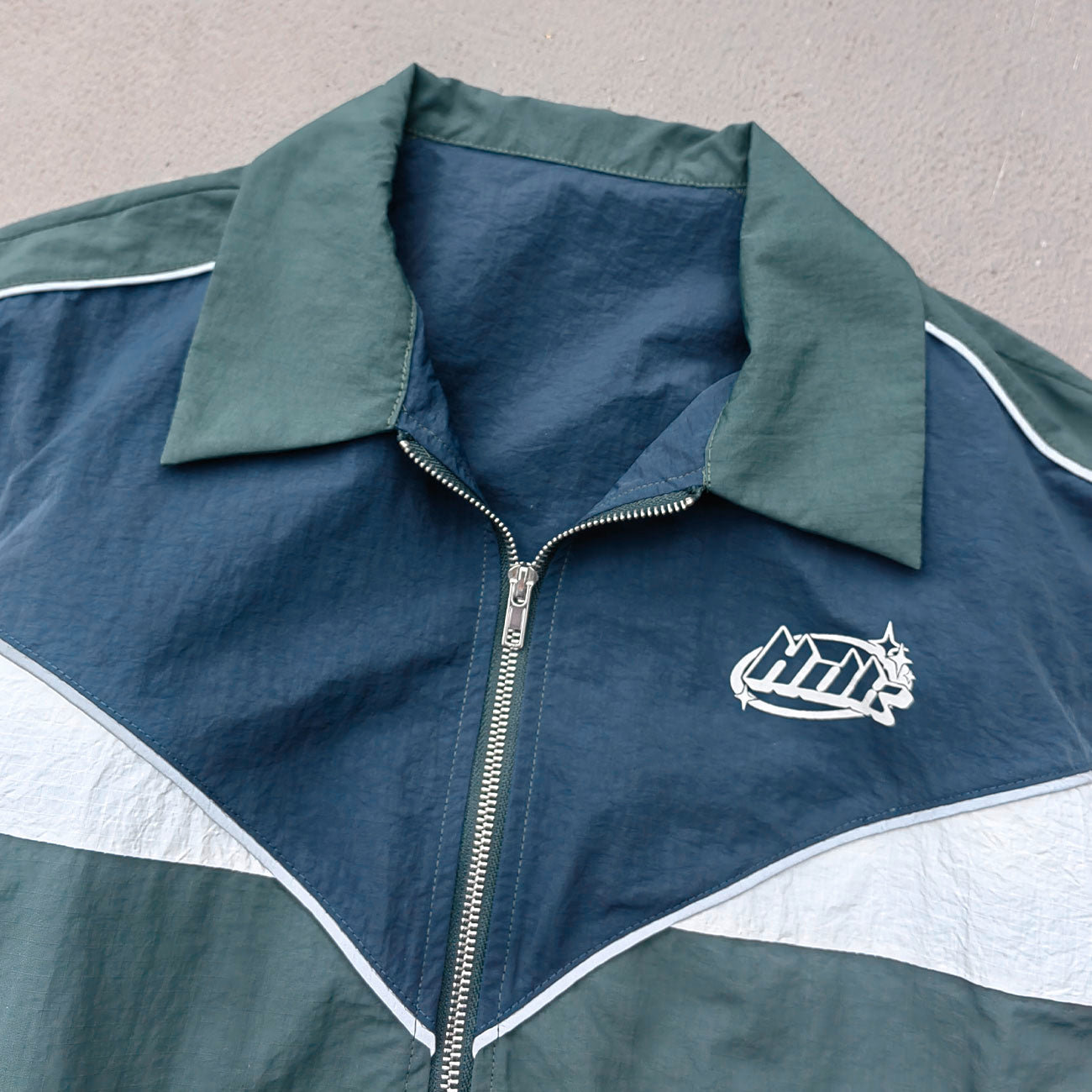 Color Block Track Suit Set - Navy Green White Collared Windbreaker Jacket Shorts Y2K Streetwear