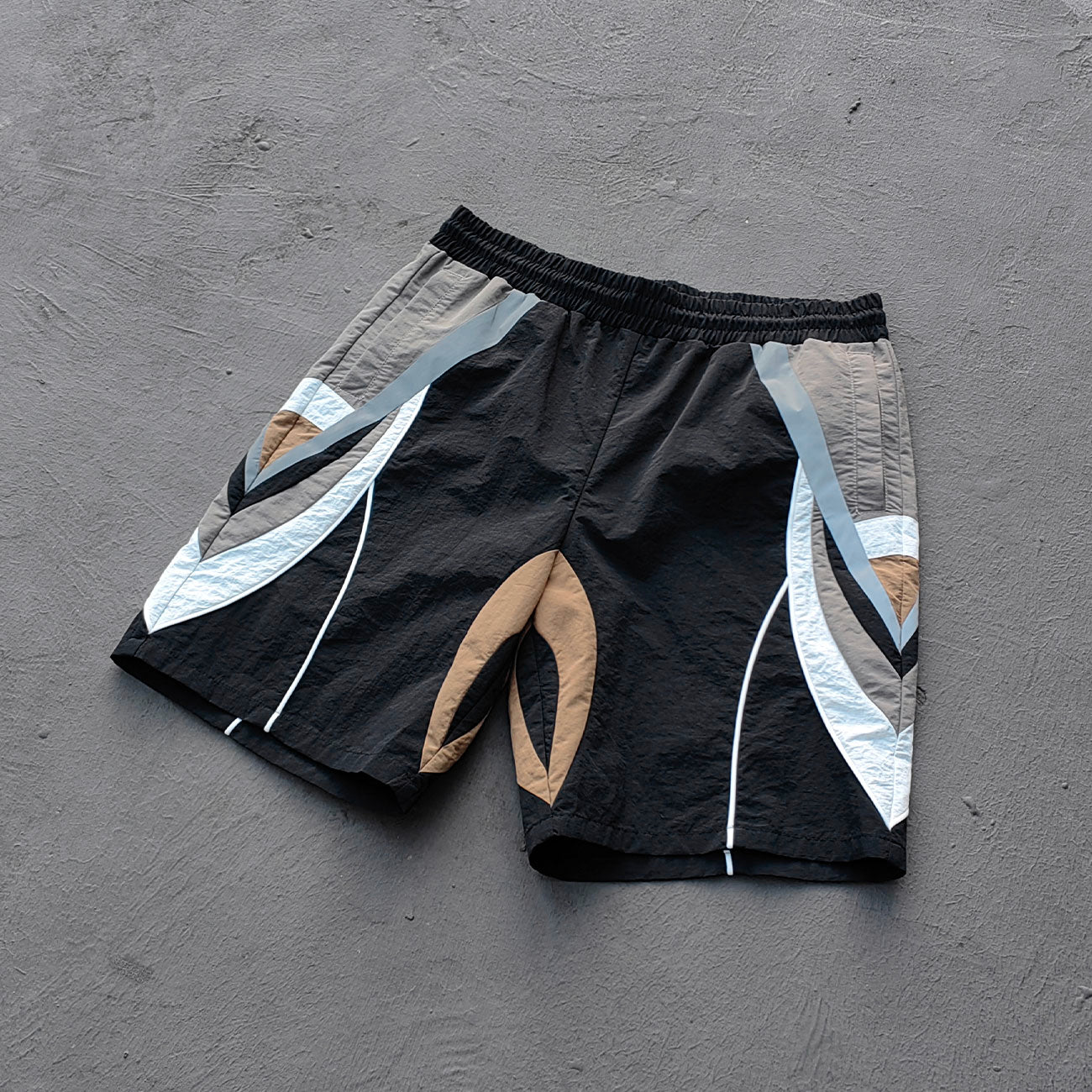 Multi Panel Track Shorts - Black Color Block Geometric Y2K Nylon Streetwear