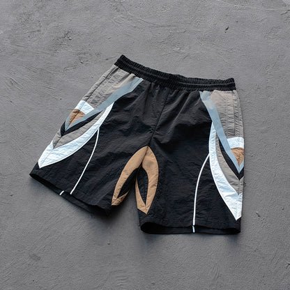 Multi Panel Track Shorts - Black Color Block Geometric Y2K Nylon Streetwear