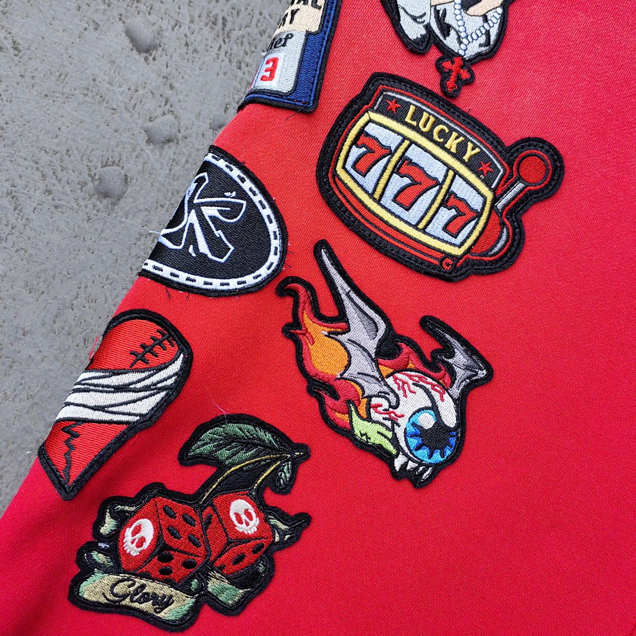 Red Glory Patch Pants - Multi Badge Embroidered Acid Wash Wide Leg Drawstring Y2K Oversized