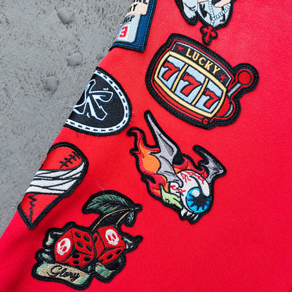 Red Glory Patch Pants - Multi Badge Embroidered Acid Wash Wide Leg Drawstring Y2K Oversized