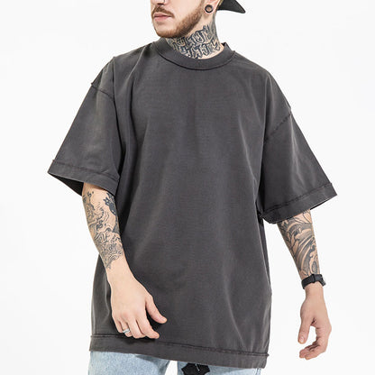 manufacturer spring and summer high street heavy wash 270g anti-car process loose large size solid color off shoulder short sleeve T-shirt