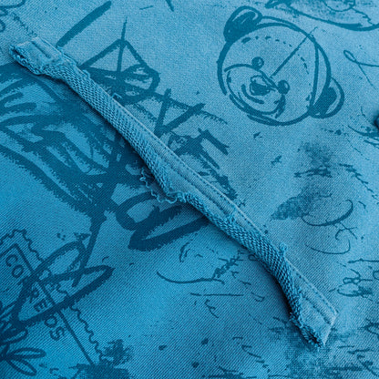 Graffiti Print Crewneck - Blue Acid Wash Distressed Y2K Oversized Sweatshirt