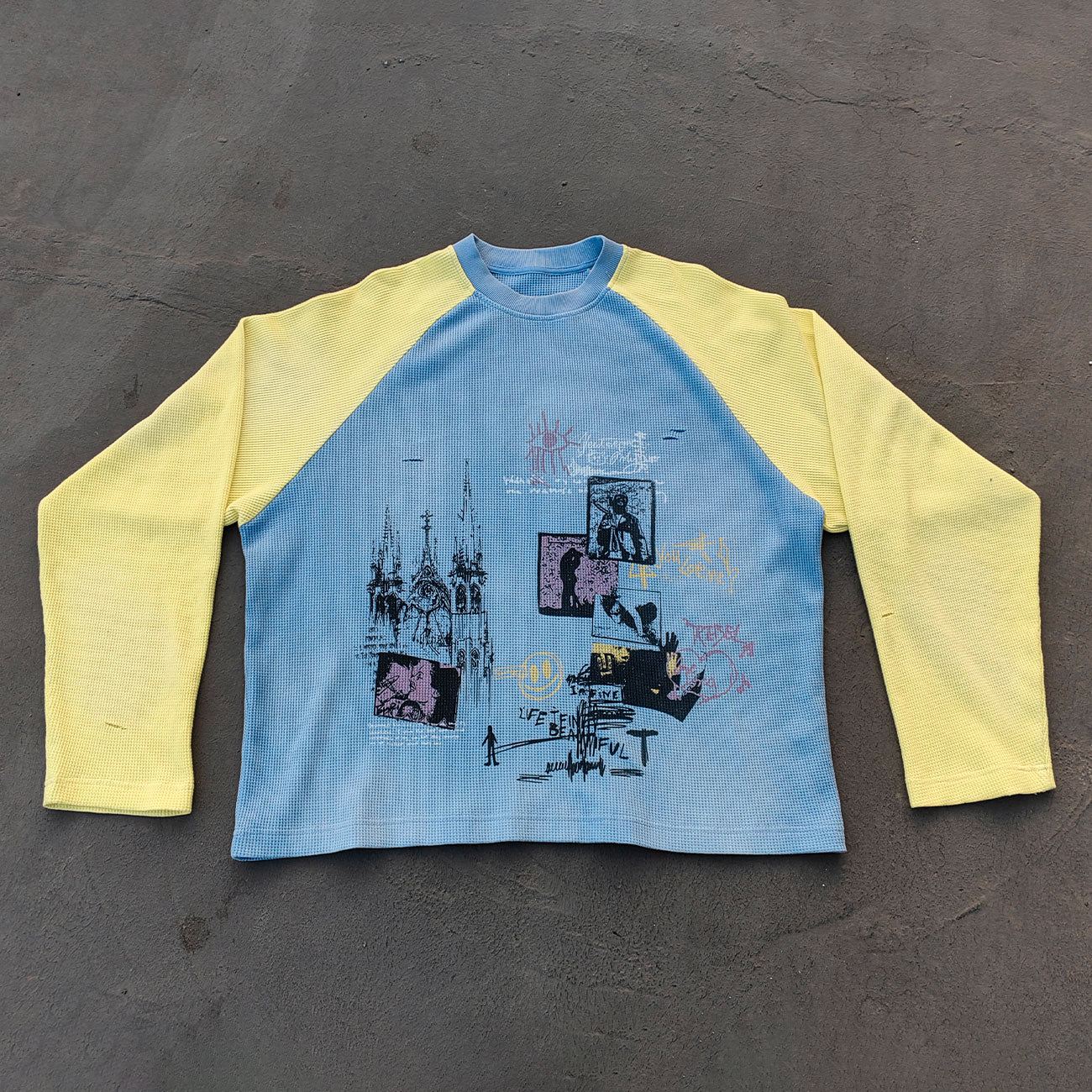 Graffiti Print Raglan Long Sleeve - Blue Yellow Color Block Waffle Knit Y2K Streetwear