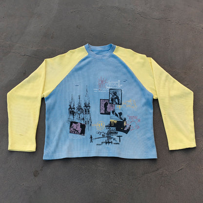Graffiti Print Raglan Long Sleeve - Blue Yellow Color Block Waffle Knit Y2K Streetwear