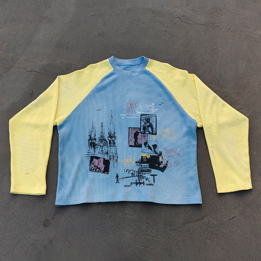 Graffiti Print Raglan Long Sleeve - Blue Yellow Color Block Waffle Knit Y2K Streetwear