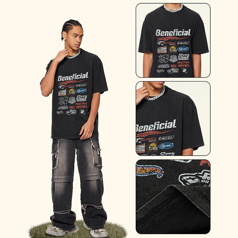 Men's washed distressed Oversized racing logo dark trendy brand short-sleeved T-shirt