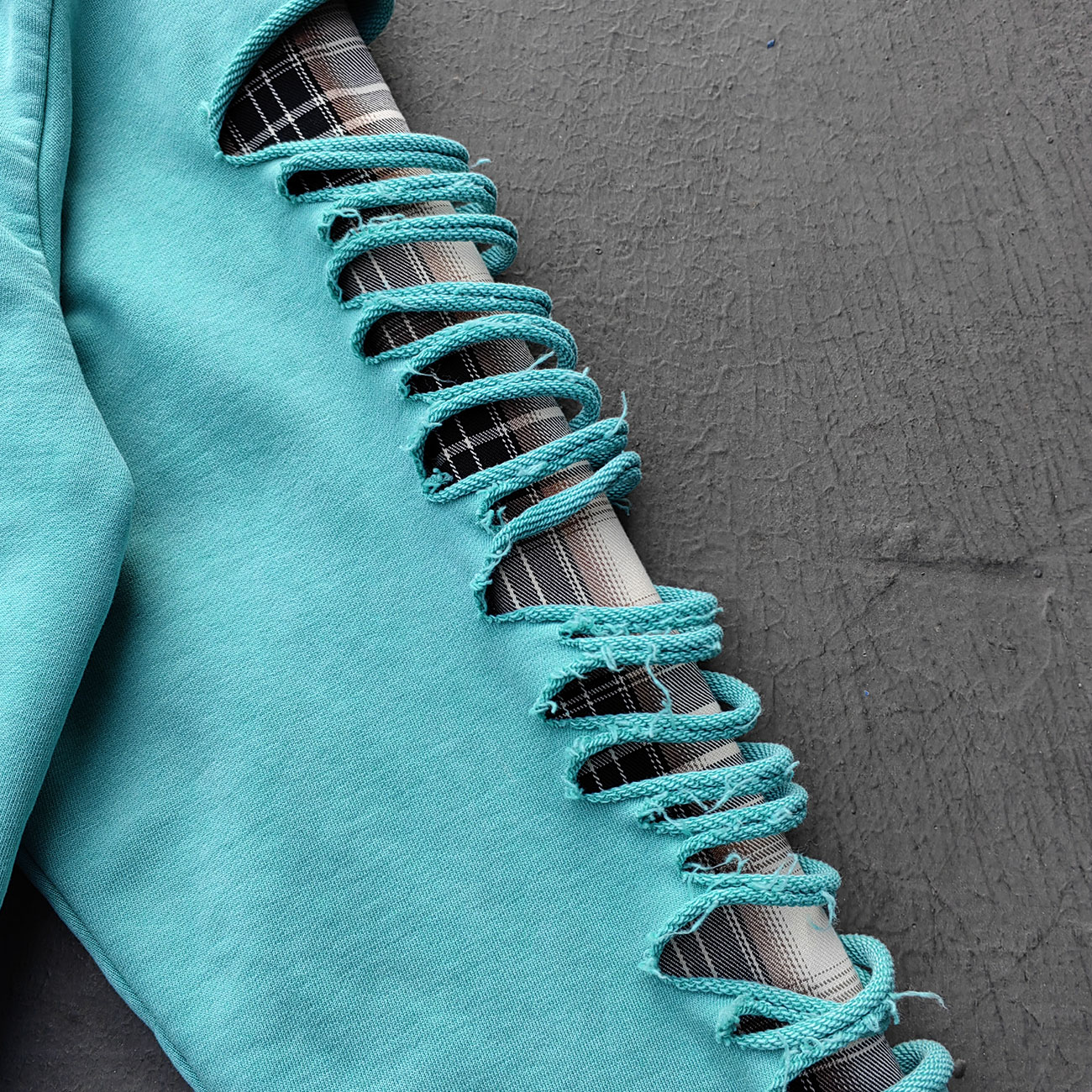 Heavily Distressed Zip Up Hoodie - Mint Studded Ripped Plaid Lining Y2K