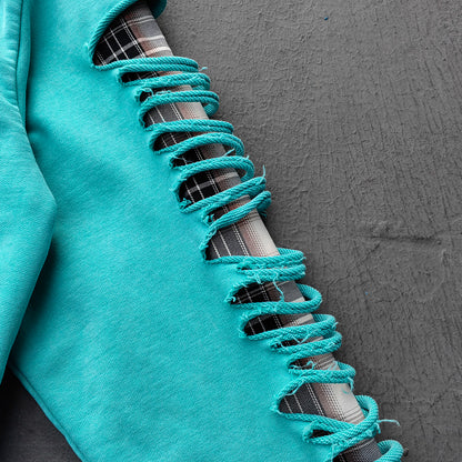 Heavily Distressed Zip Up Hoodie - Mint Studded Ripped Plaid Lining Y2K