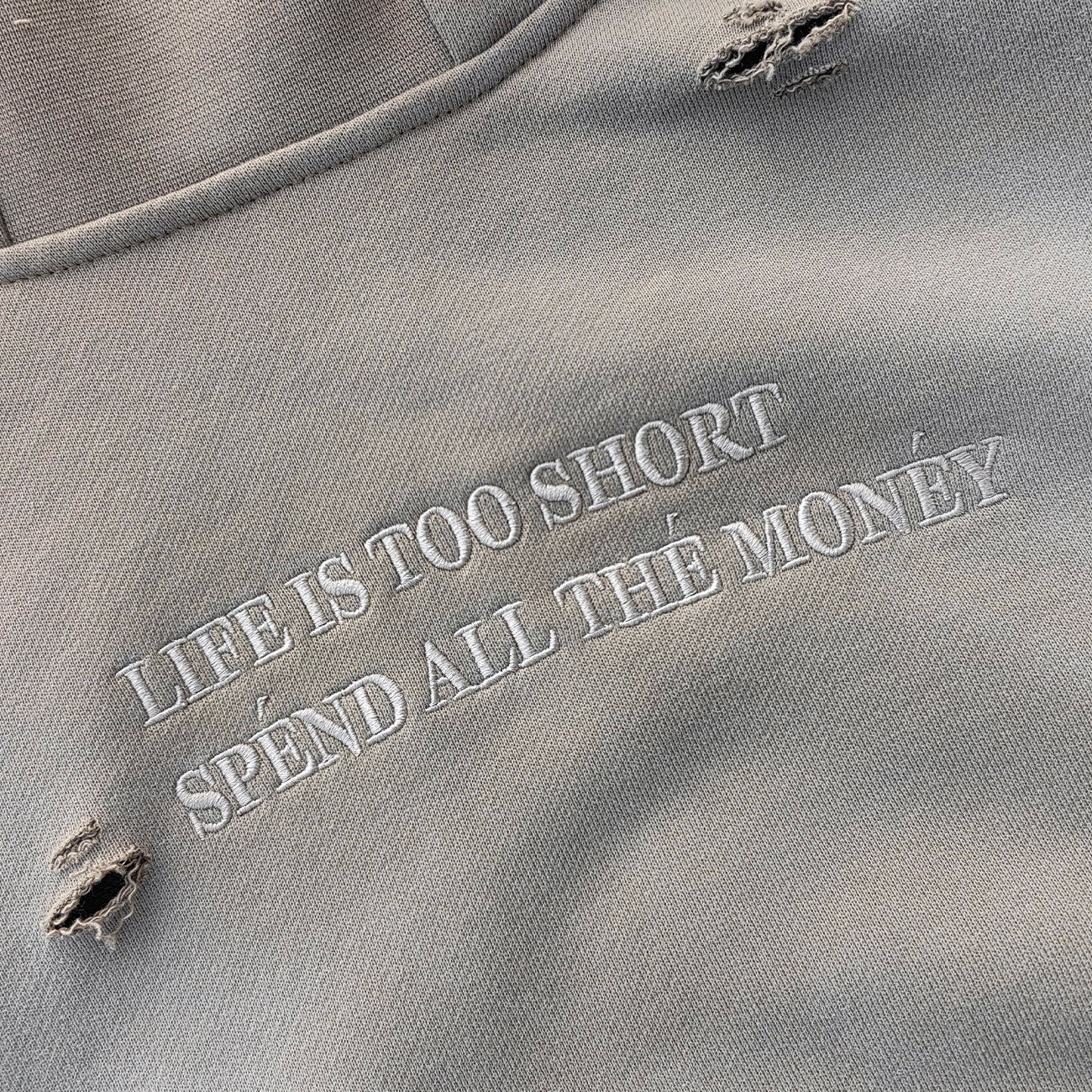 Distressed Deconstructed Hoodie - Life is Too Short Embroidery Y2K Streetwear