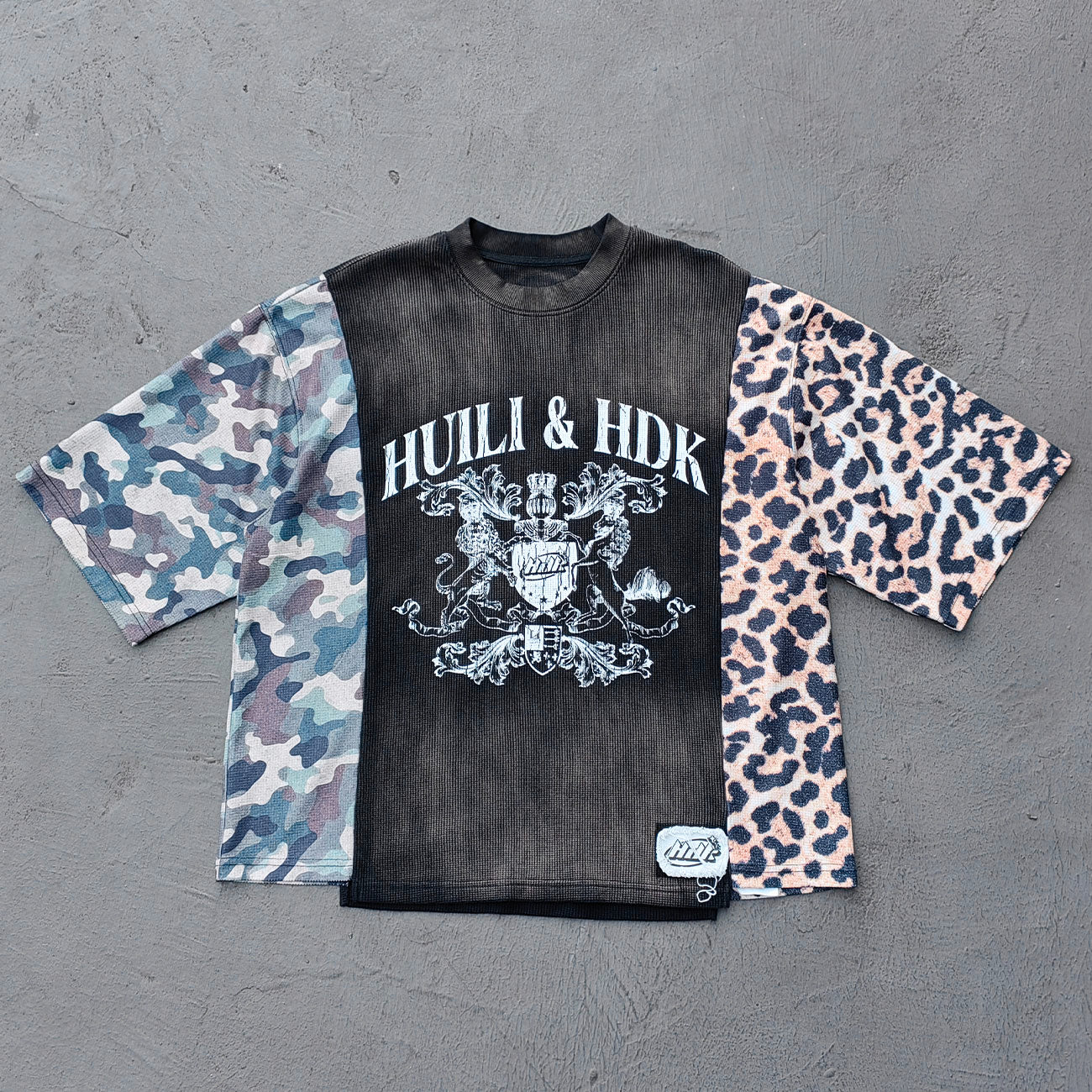 Patchwork T-Shirt - Black Waffle Camo Leopard HUILI HDK Crest Print Y2K Streetwear