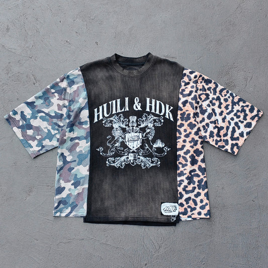 Patchwork T-Shirt - Black Waffle Camo Leopard HUILI HDK Crest Print Y2K Streetwear