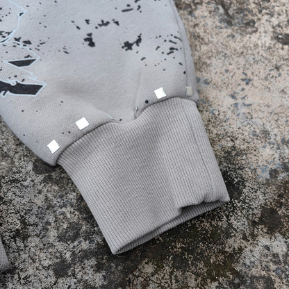 Graphic Print Hoodie - Distressed Studded Streetwear Sweatshirt