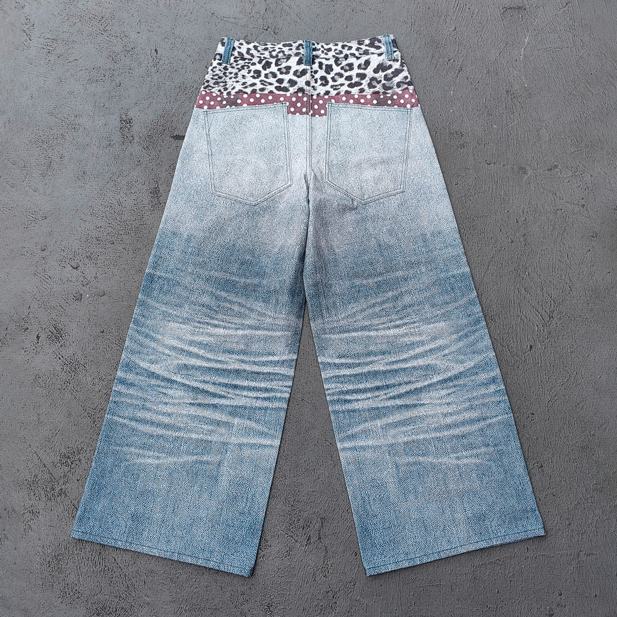 Wide Leg Jeans - Blue Gray Acid Wash Leopard Waistband Polka Dot Tie Glasses Print Y2K Streetwear