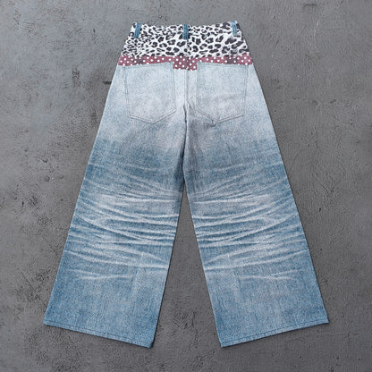 Wide Leg Jeans - Blue Gray Acid Wash Leopard Waistband Polka Dot Tie Glasses Print Y2K Streetwear