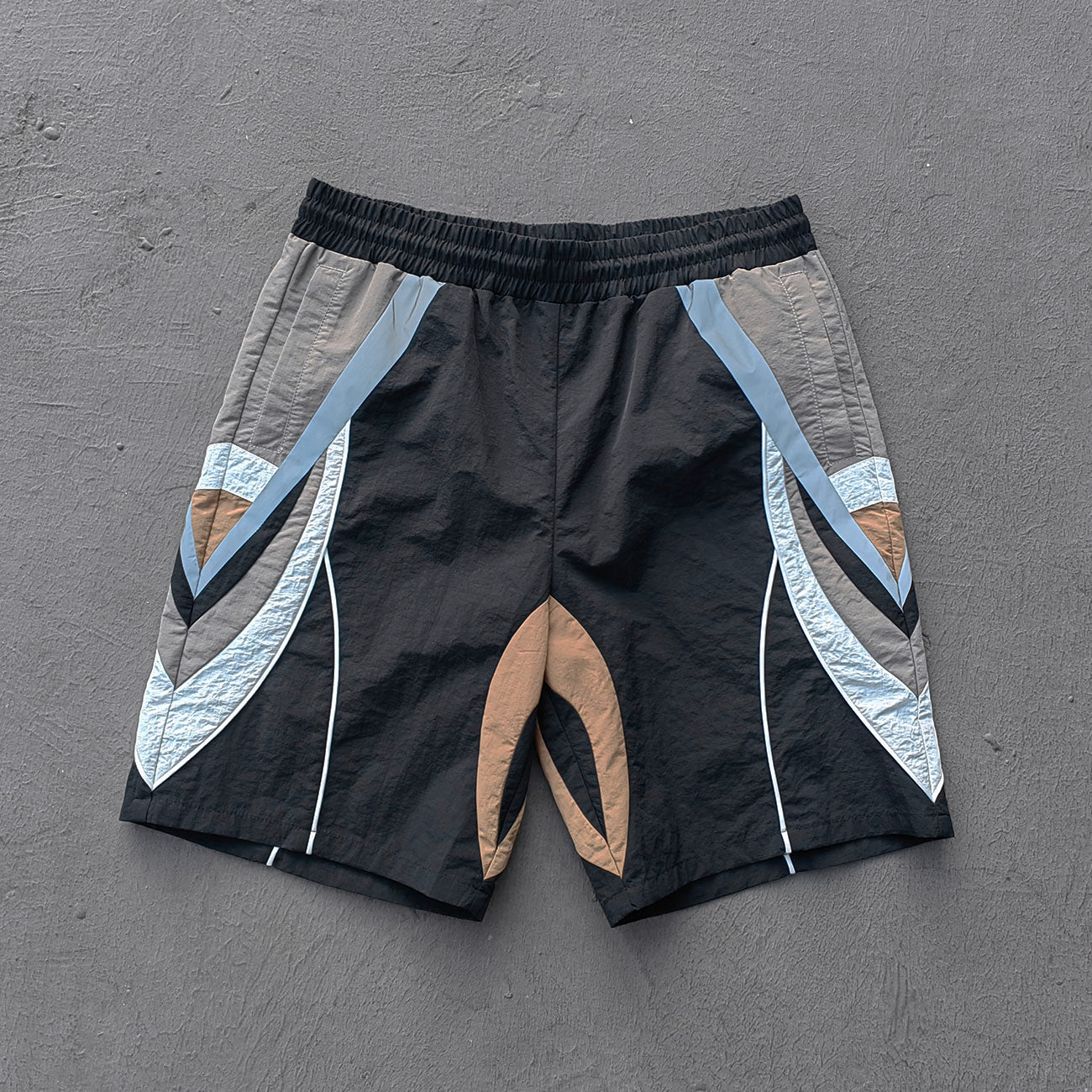 Multi Panel Track Shorts - Black Color Block Geometric Y2K Nylon Streetwear