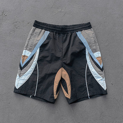 Multi Panel Track Shorts - Black Color Block Geometric Y2K Nylon Streetwear