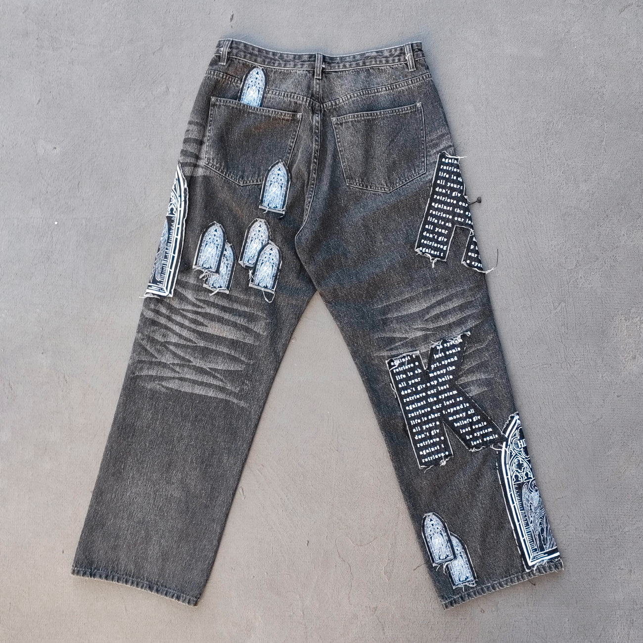 Gothic Patchwork Jeans - Religious Cathedral Black Wash Y2K Streetwear