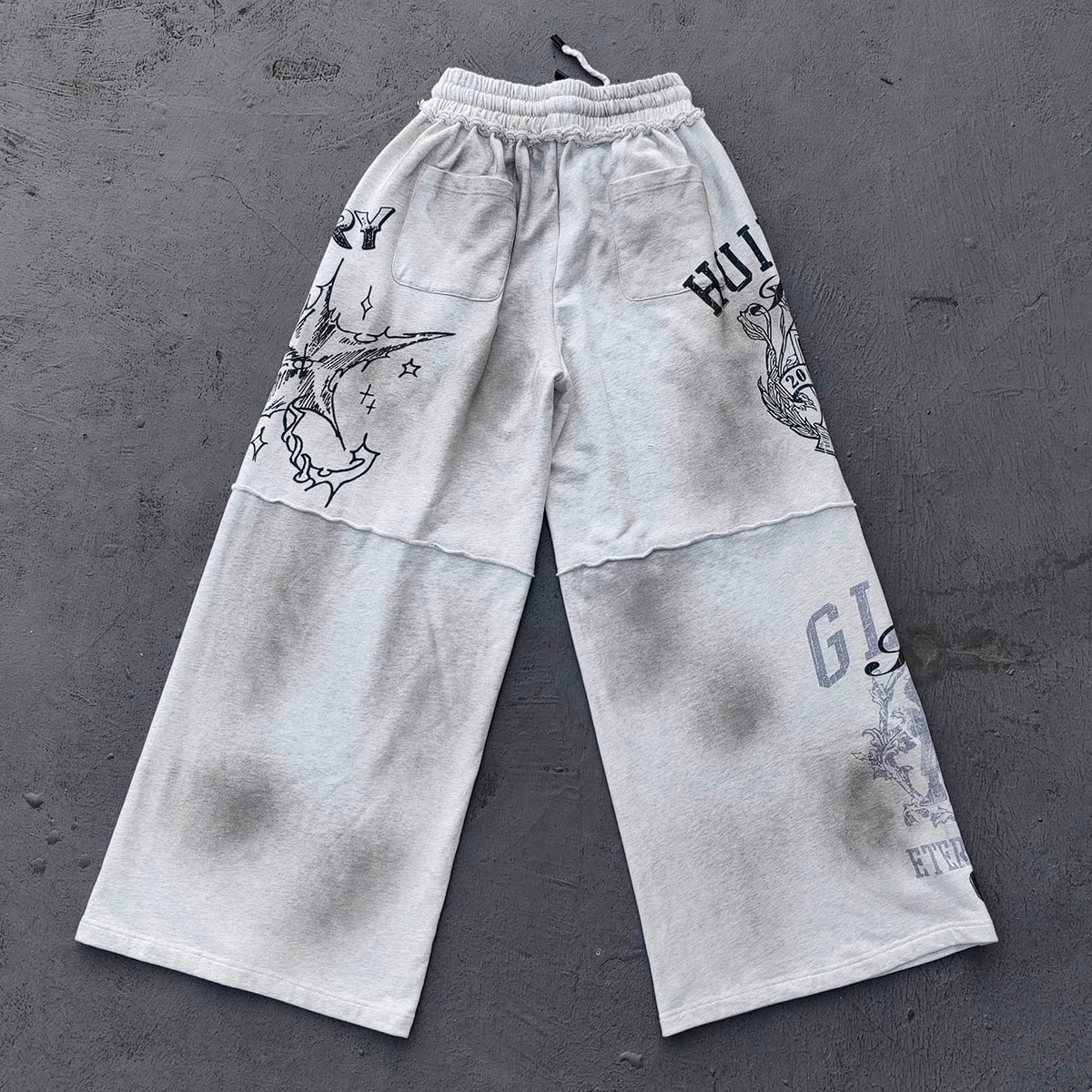 Y2K Gothic Sweatpants - Light Gray Wash Holy Glory Print Angel Statue Collage Paneled Wide Leg Baggy Oversized