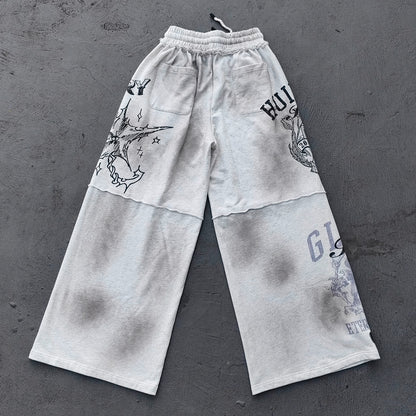 Y2K Gothic Sweatpants - Light Gray Wash Holy Glory Print Angel Statue Collage Paneled Wide Leg Baggy Oversized