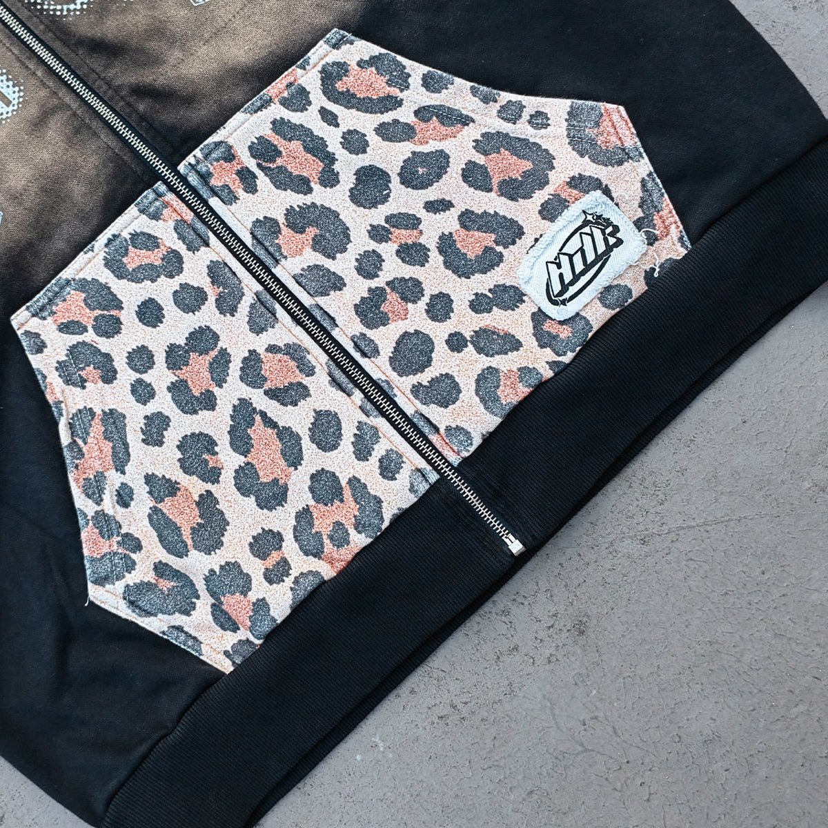Holy Glory Rhinestone Zip Up Hoodie - Black Brown Gradient Purple Yellow Leopard Pocket Y2K Streetwear
