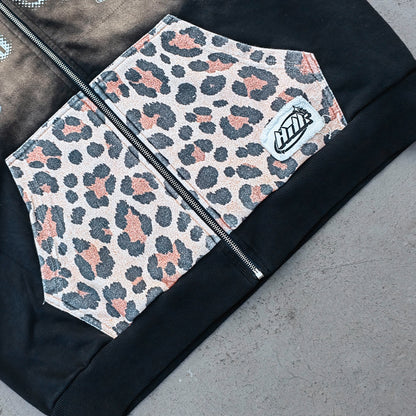 Holy Glory Rhinestone Zip Up Hoodie - Black Brown Gradient Purple Yellow Leopard Pocket Y2K Streetwear
