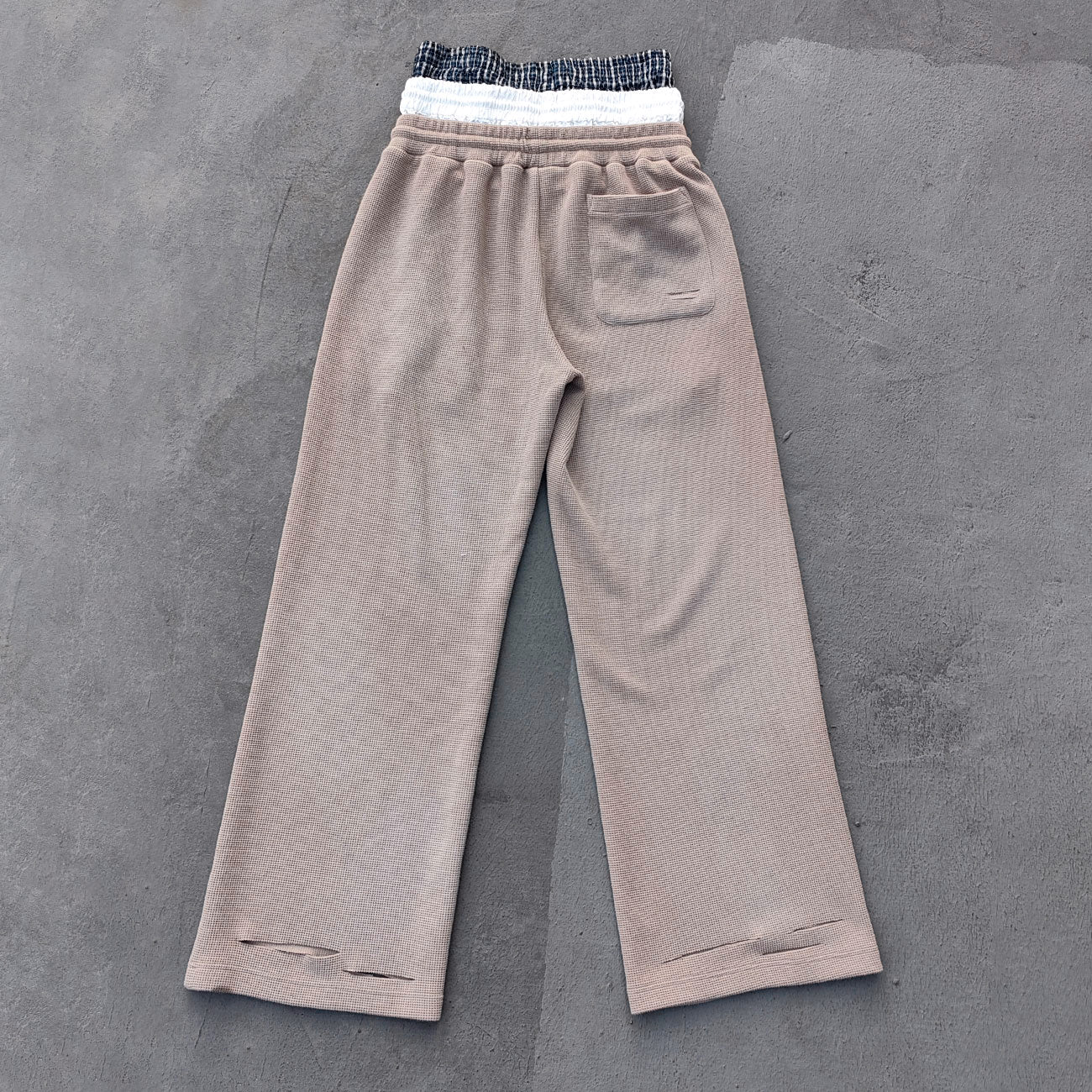 Layered Waistband Waffle Knit Pants - Khaki Ripped Distressed Y2K Baggy Streetwear