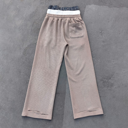 Layered Waistband Waffle Knit Pants - Khaki Ripped Distressed Y2K Baggy Streetwear