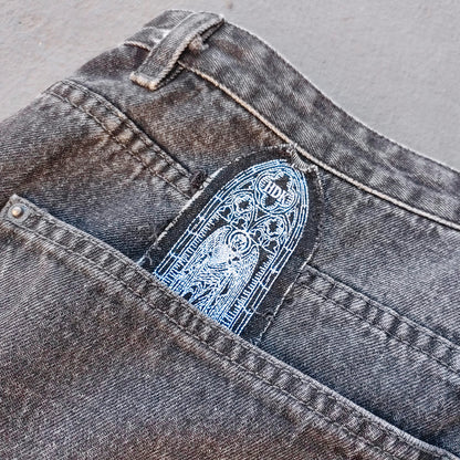 Gothic Patchwork Jeans - Religious Cathedral Black Wash Y2K Streetwear