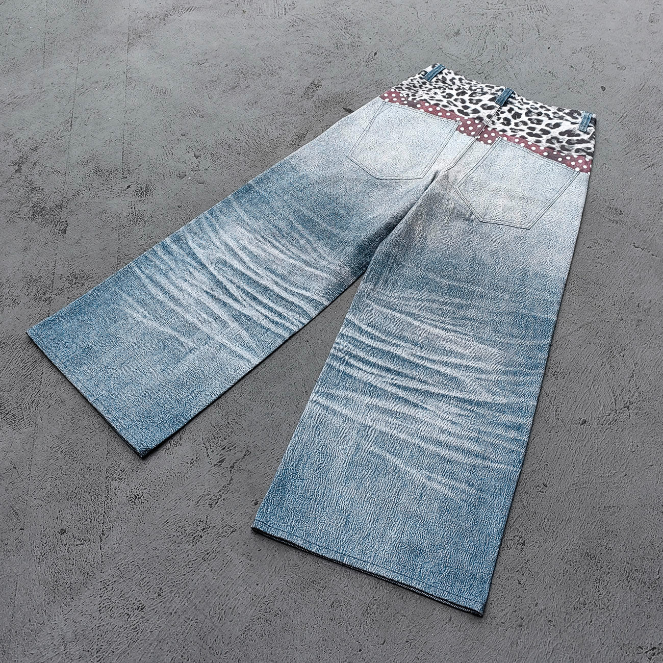 Wide Leg Jeans - Blue Gray Acid Wash Leopard Waistband Polka Dot Tie Glasses Print Y2K Streetwear