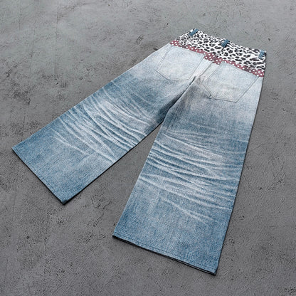 Wide Leg Jeans - Blue Gray Acid Wash Leopard Waistband Polka Dot Tie Glasses Print Y2K Streetwear