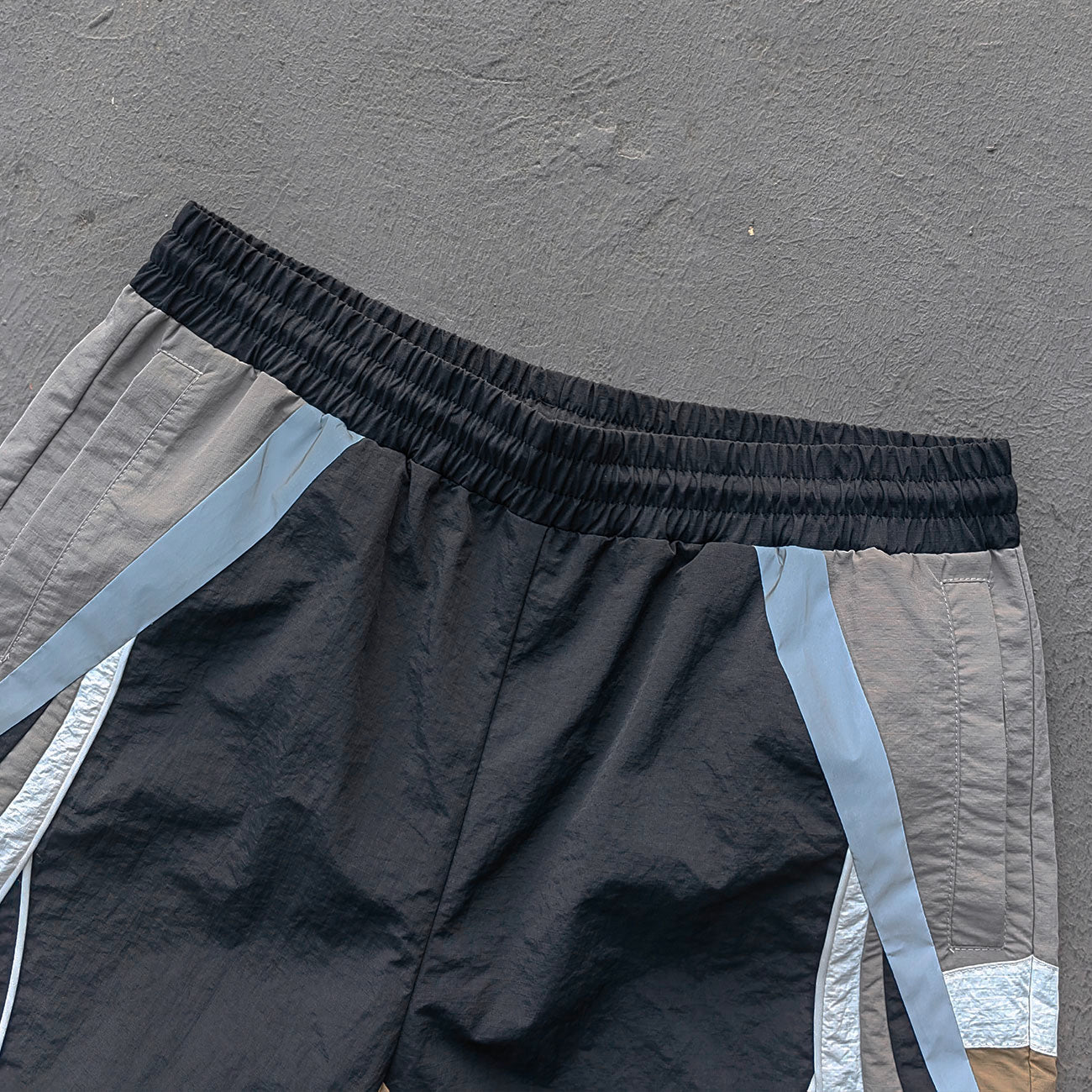 Multi Panel Track Shorts - Black Color Block Geometric Y2K Nylon Streetwear