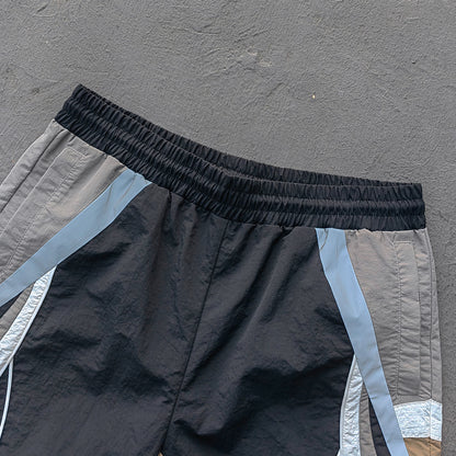 Multi Panel Track Shorts - Black Color Block Geometric Y2K Nylon Streetwear