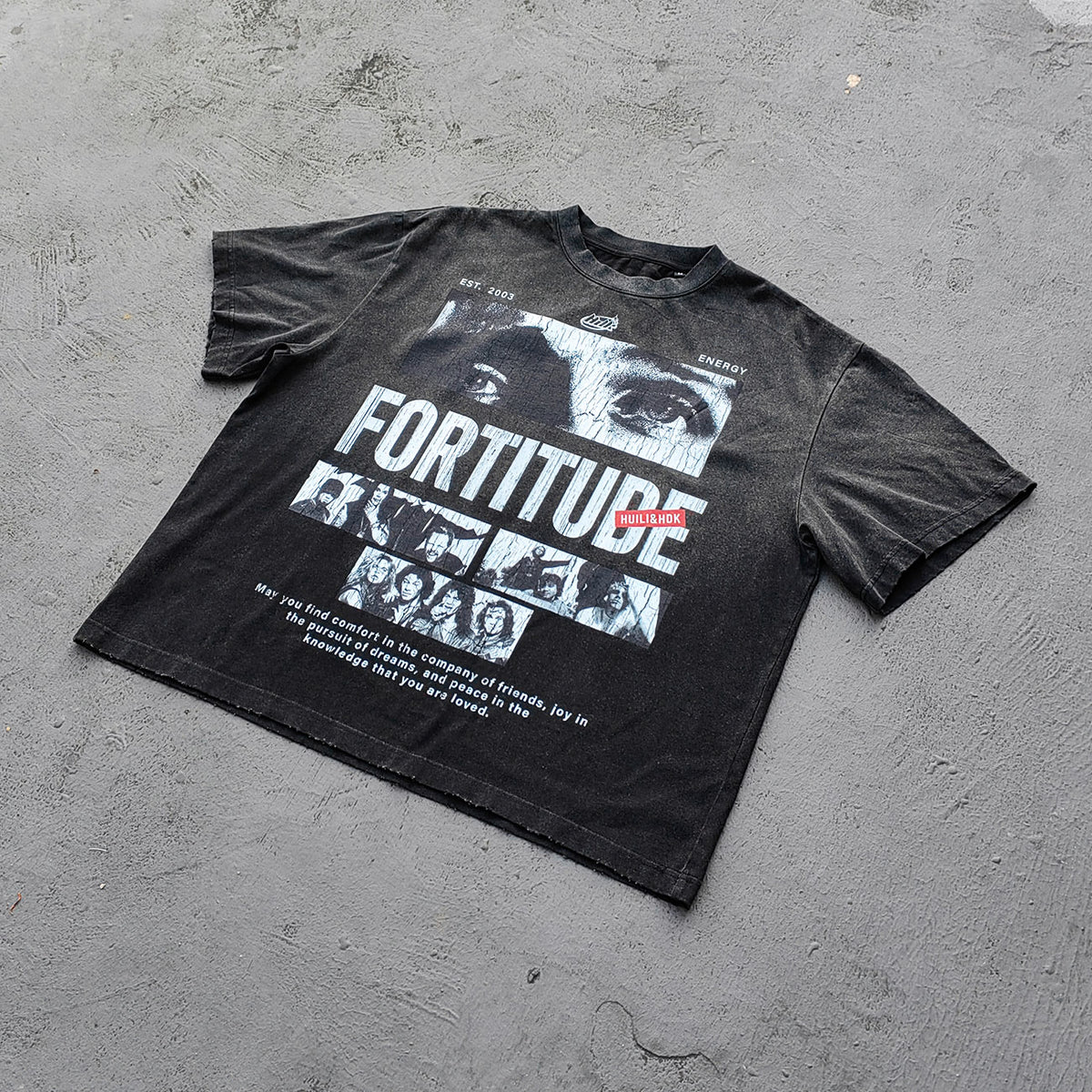 FORTITUDE Graphic Tee - Black Acid Wash Vintage Collage Portrait Print HUILI HDK Y2K Streetwear
