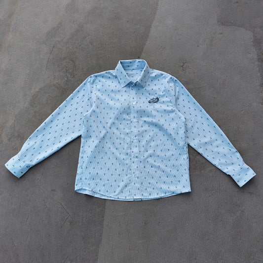 Anchor Print Pinstripe Shirt - Light Blue White All Over Print Y2K Streetwear