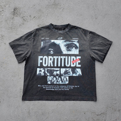 FORTITUDE Graphic Tee - Black Acid Wash Vintage Collage Portrait Print HUILI HDK Y2K Streetwear