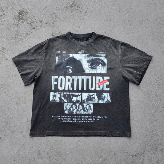 FORTITUDE Graphic Tee - Black Acid Wash Vintage Collage Portrait Print HUILI HDK Y2K Streetwear