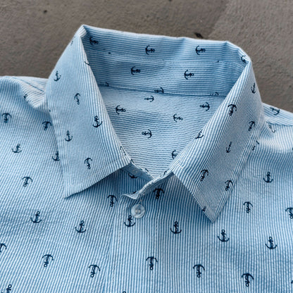 Anchor Print Pinstripe Shirt - Light Blue White All Over Print Y2K Streetwear
