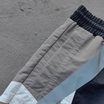 Multi Panel Track Shorts - Black Color Block Geometric Y2K Nylon Streetwear