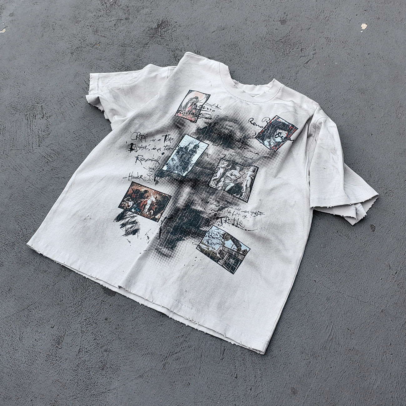 Art Collage Graphic Tee - White Acid Wash Face Print Vintage Painting Ripped Y2K Streetwear