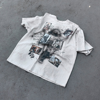 Art Collage Graphic Tee - White Acid Wash Face Print Vintage Painting Ripped Y2K Streetwear